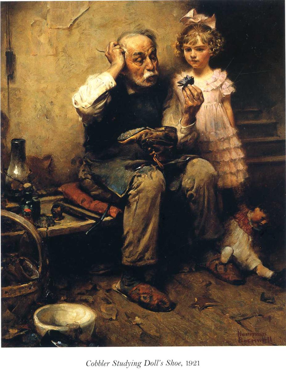 Cobbler studying doll's shoe